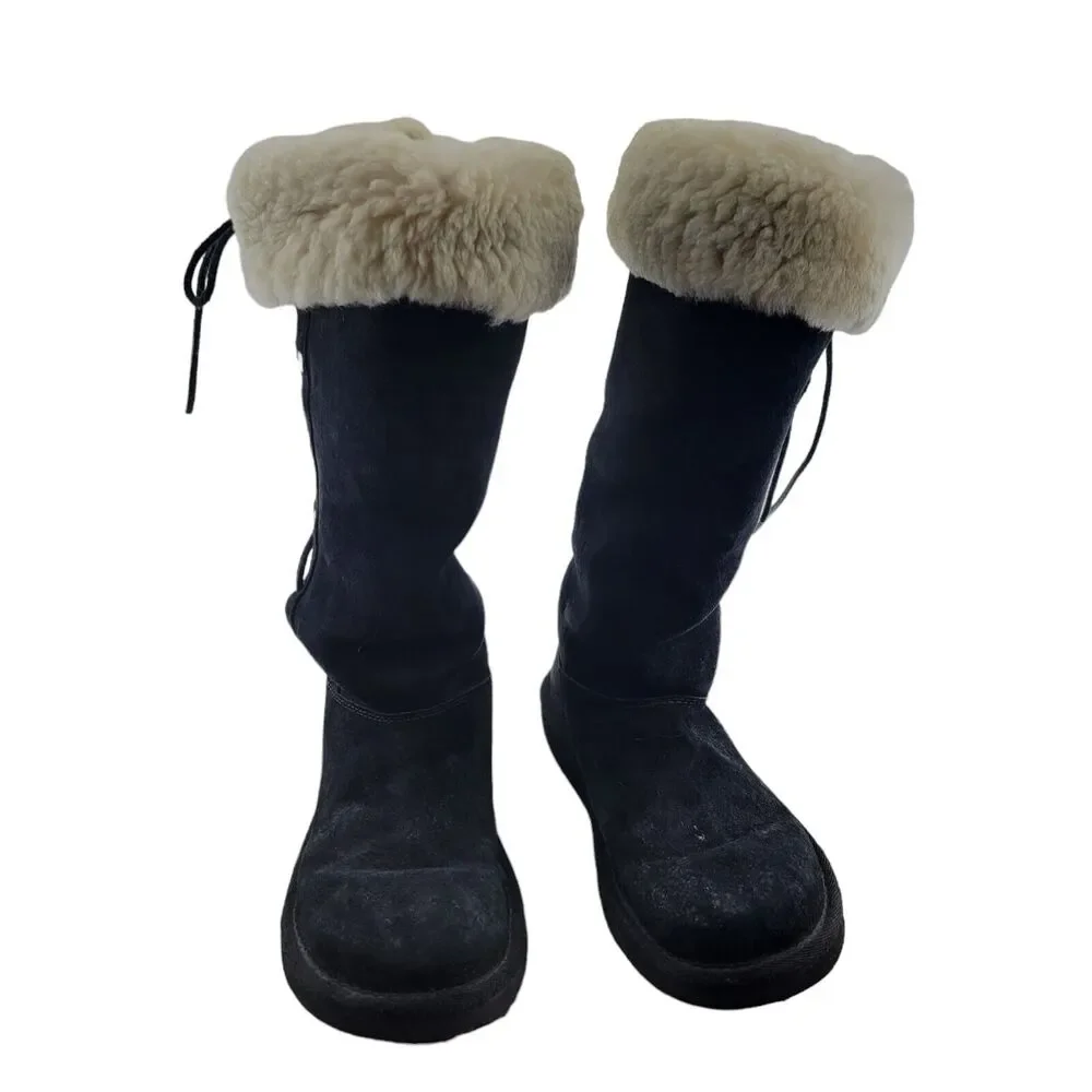 UGG Upside 5163 Boots Size 6 Tall Black Suede Lace Up Sides Studded Sherpa Lined